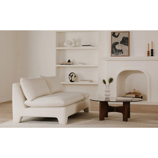 Estelle Sofa by Moe's Home Collection in cream. Made from upholstery: 98% polyester, 2% linen, plywood frame, elastic webbing support, cushion fill: high density foam, dacron fiber, duck feather in a unique style.