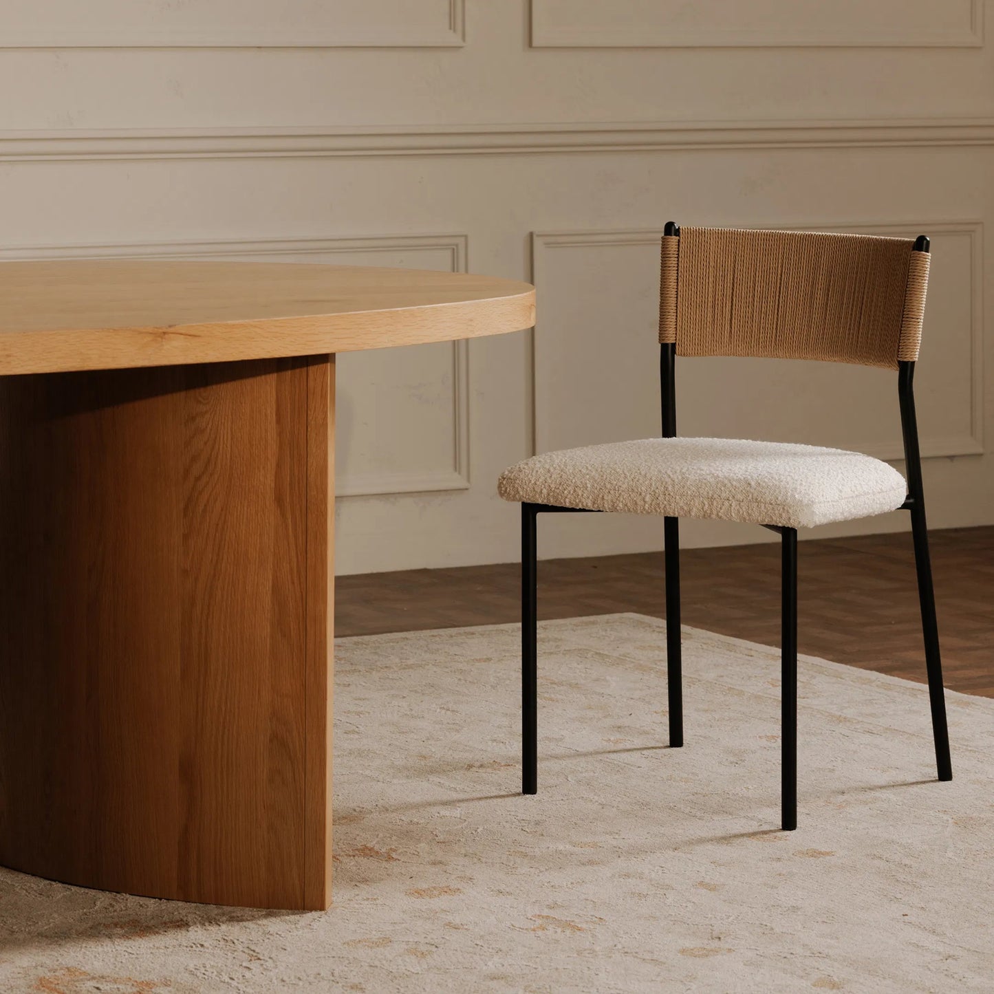 009 SI-2368049 | Lifestyle | Foley Dining Chair (Set of 2) by Moe's Home Collection in white. Made from upholstery: 95% polyester, 5% acrylic, paper rope, iron, foam in a transitional style.