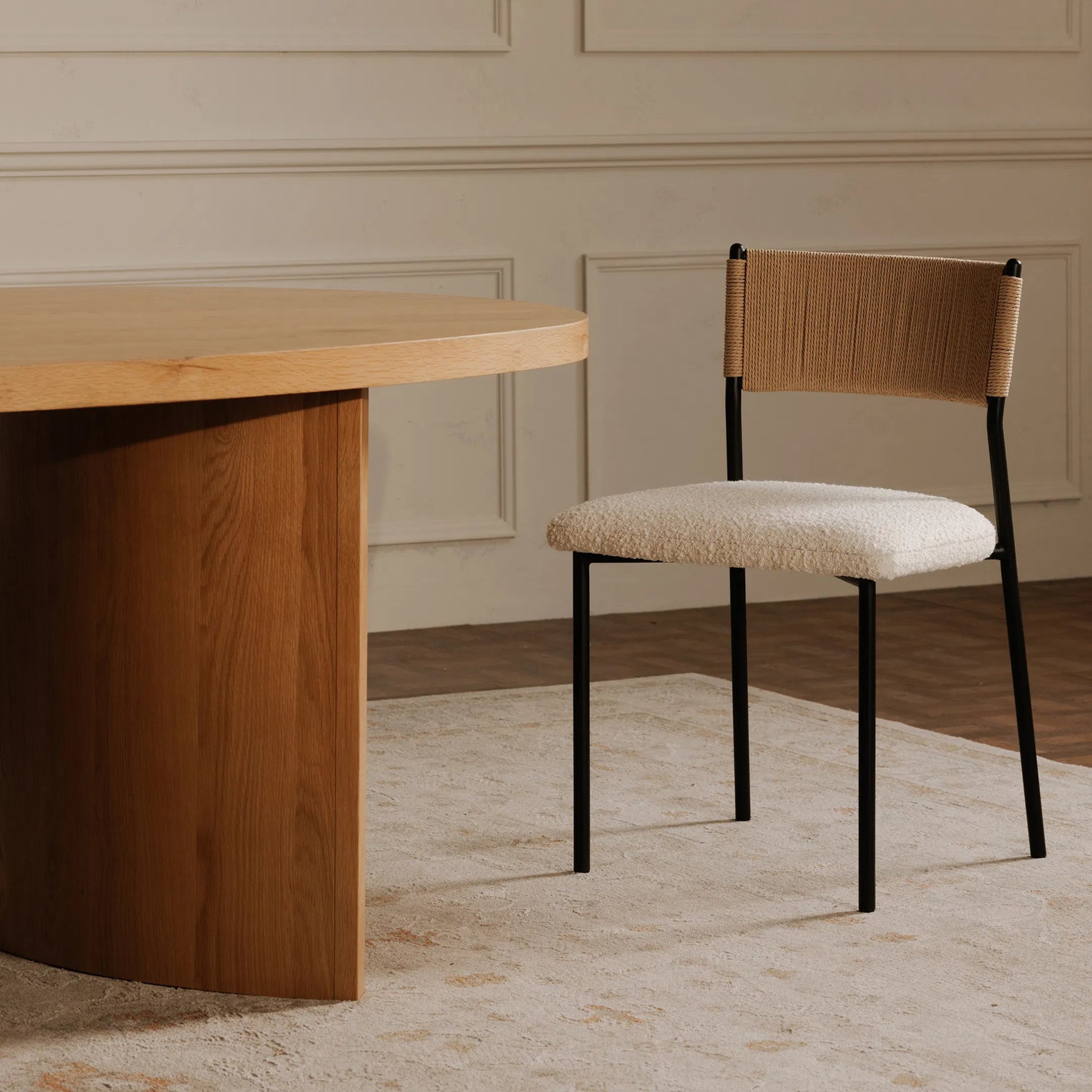 Foley Dining Chair (Set of 2) by Moe's Home Collection in white. Made from upholstery: 95% polyester, 5% acrylic, paper rope, iron, foam in a transitional style.