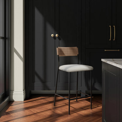 Foley Counter Stool by Moe's Home Collection in white. Made from upholstery: 95% polyester, 5% acrylic, paper rope, iron, foam in a transitional style.