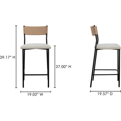 Foley Counter Stool by Moe's Home Collection in white. Made from upholstery: 95% polyester, 5% acrylic, paper rope, iron, foam in a transitional style.