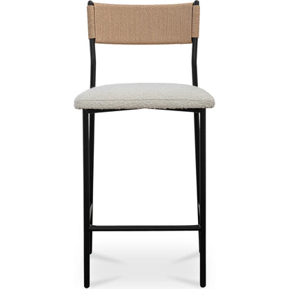 Foley Counter Stool by Moe's Home Collection in white. Made from upholstery: 95% polyester, 5% acrylic, paper rope, iron, foam in a transitional style.