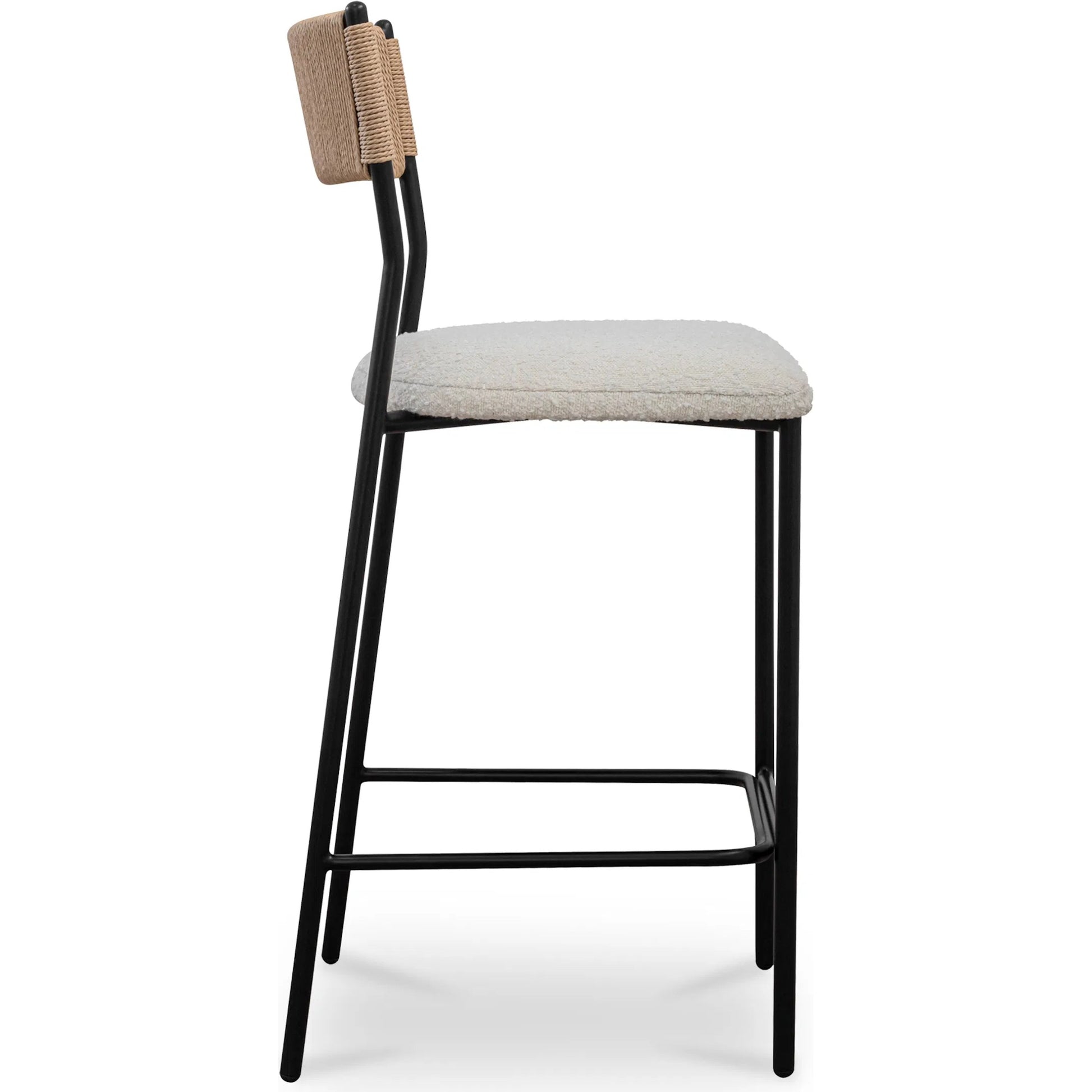 Foley Counter Stool by Moe's Home Collection in white. Made from upholstery: 95% polyester, 5% acrylic, paper rope, iron, foam in a transitional style.