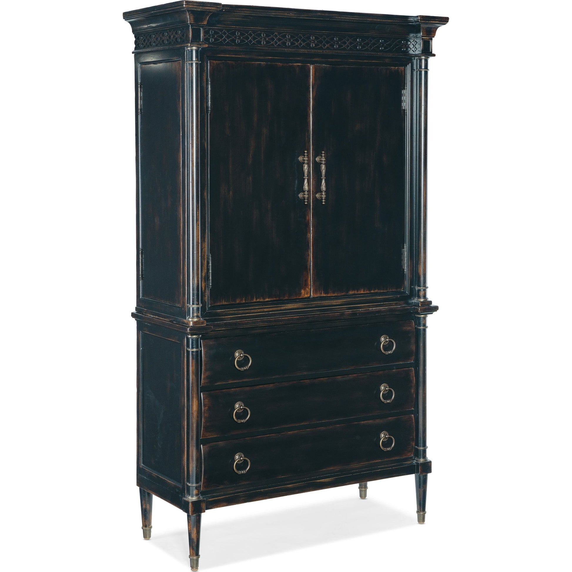 Charleston Jewelry Armoire by Hooker Furniture in black cherry. Made from cherry veneers, cedar, metal in a traditional style.