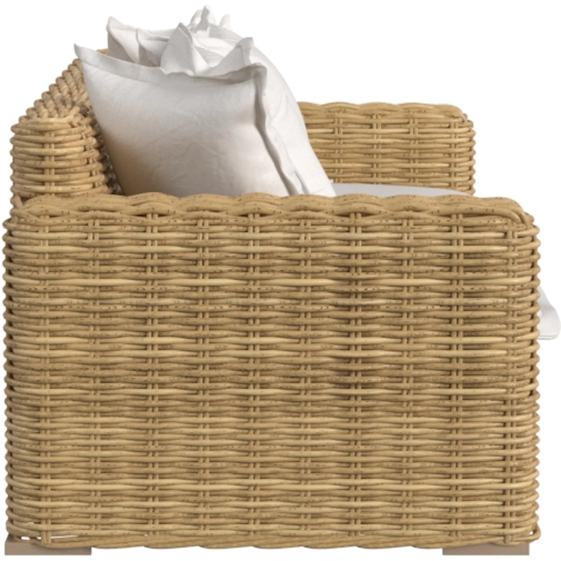 Playa Outdoor Loveseat by Sunset West in medium wood. Made from resin wicker in a rustic style.