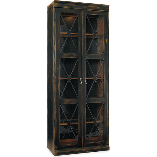 Sanctuary Display Cabinet by Hooker Furniture in ebony. Made from oak veneers, glass in a rustic style.