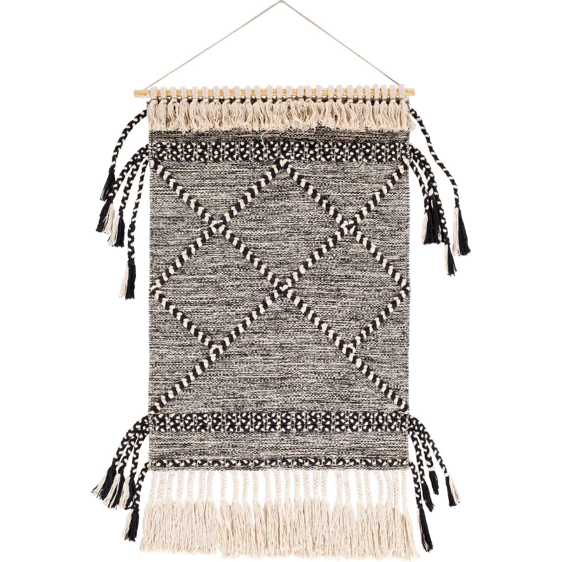 Zanafi Tassels Indoor/Outdoor Wall Hanging by Surya in beige, black. Made from 100% cotton, 100% wood in a eclectic & global style.