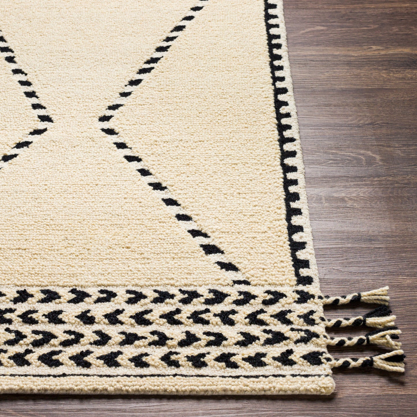 004 SI-1756614 | Closeup | Zanafi Tassels Rug - 29495 by Surya in black, cream. Made from 100% wool in a unique style.