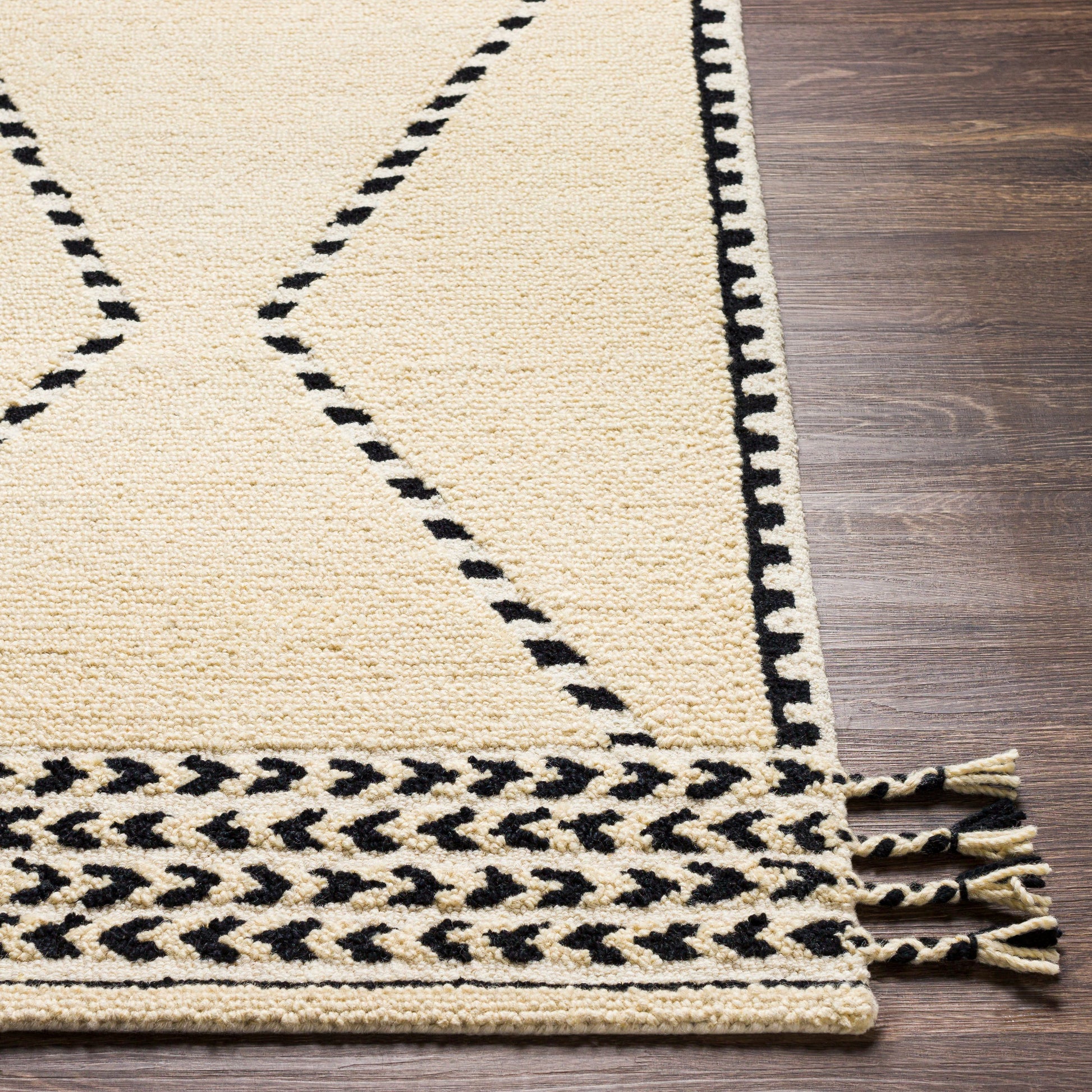 Zanafi Tassels Rug - 29495 by Surya in black, cream. Made from 100% wool in a unique style.