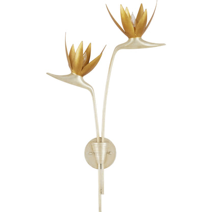 Paradiso Wall Sconce by Currey and Company in contemporary silver leaf, contemporary gold leaf. Made from wrought iron in a modern style.