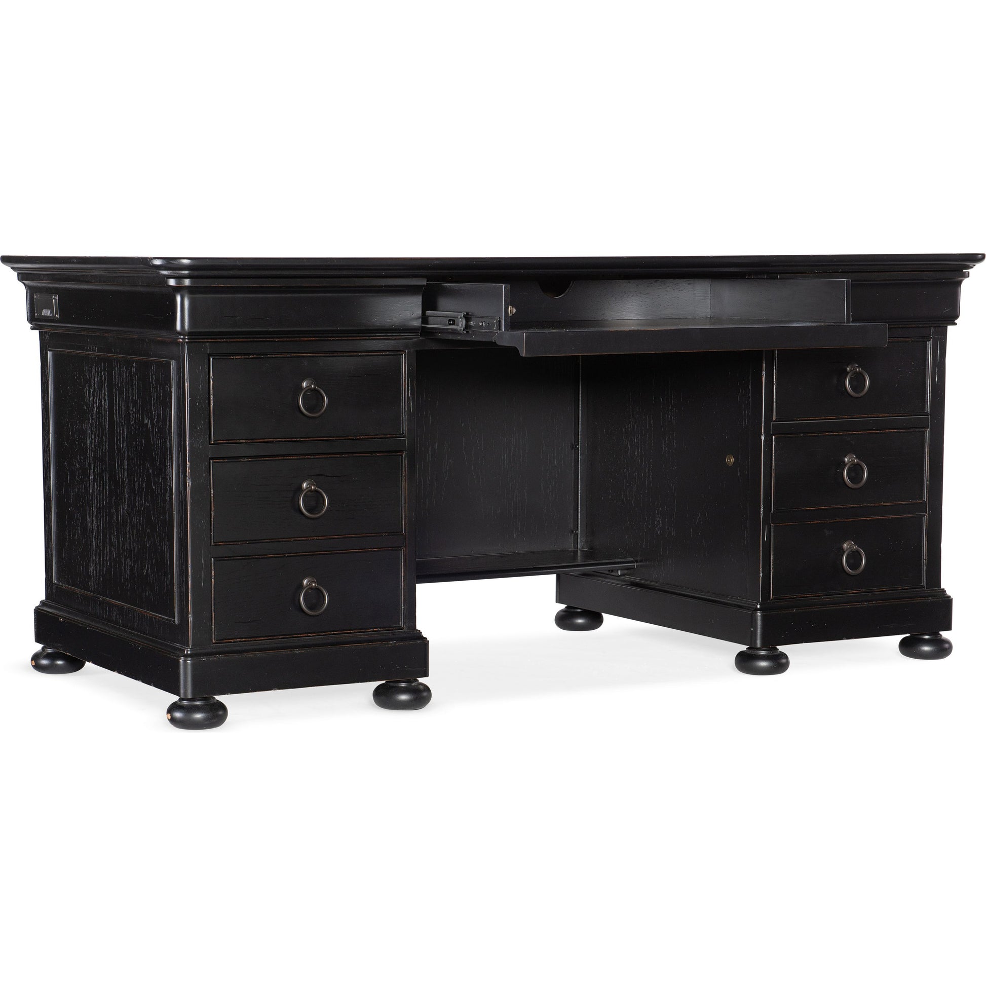 Bristowe Executive Desk by Hooker Furniture in tuxedo black. Made from pecan veneers in a unique style.