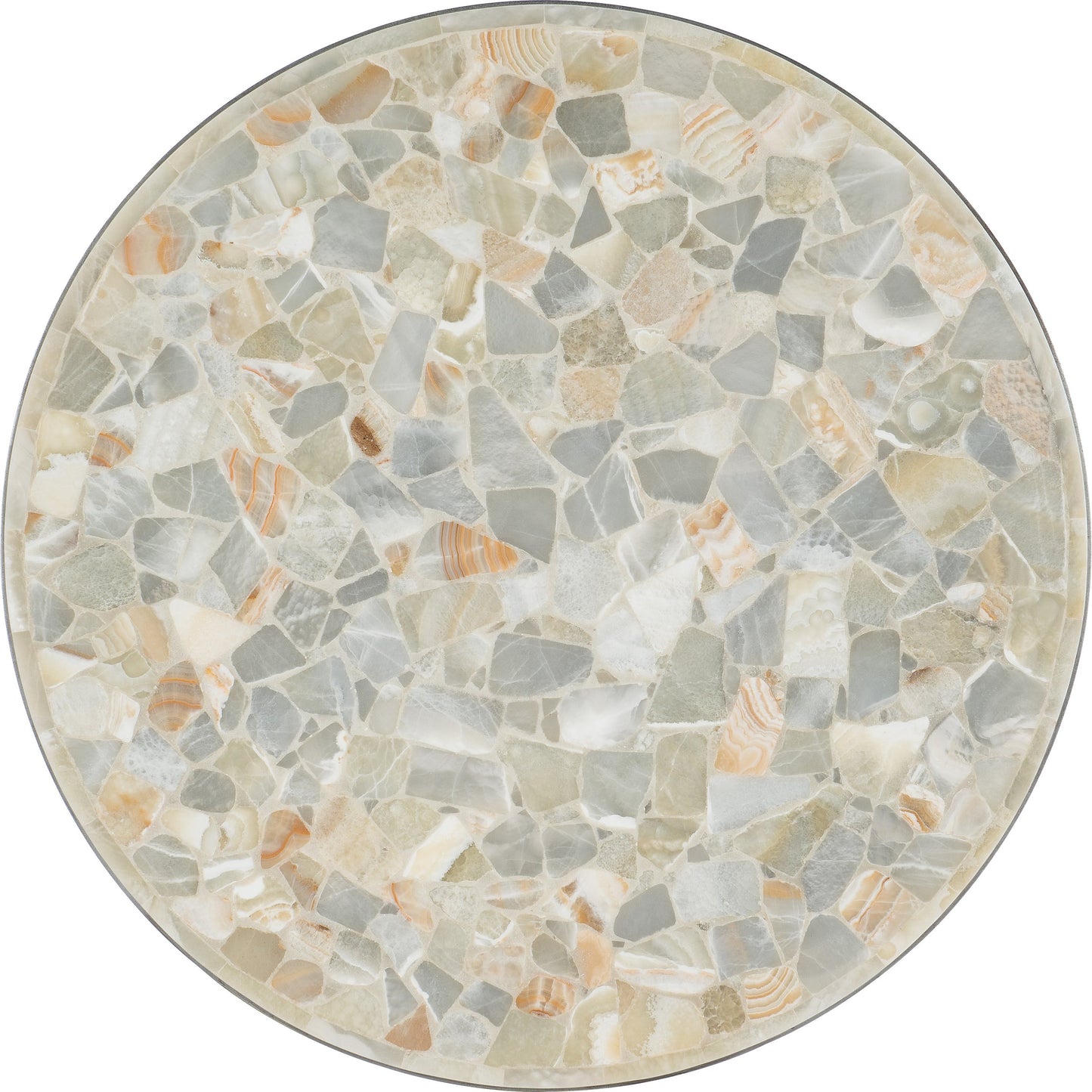 003 SI-1873156 | Additional Silo | Melange Marin Round Cocktail Table by Hooker Furniture in silver. Made from tumbles white onyx with carbon steel metal in a transitional style.