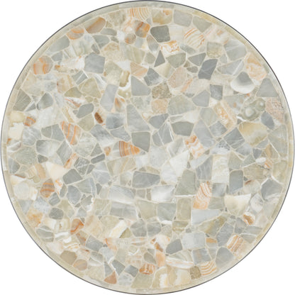 Melange Marin Round Cocktail Table by Hooker Furniture in silver. Made from tumbles white onyx with carbon steel metal in a transitional style.