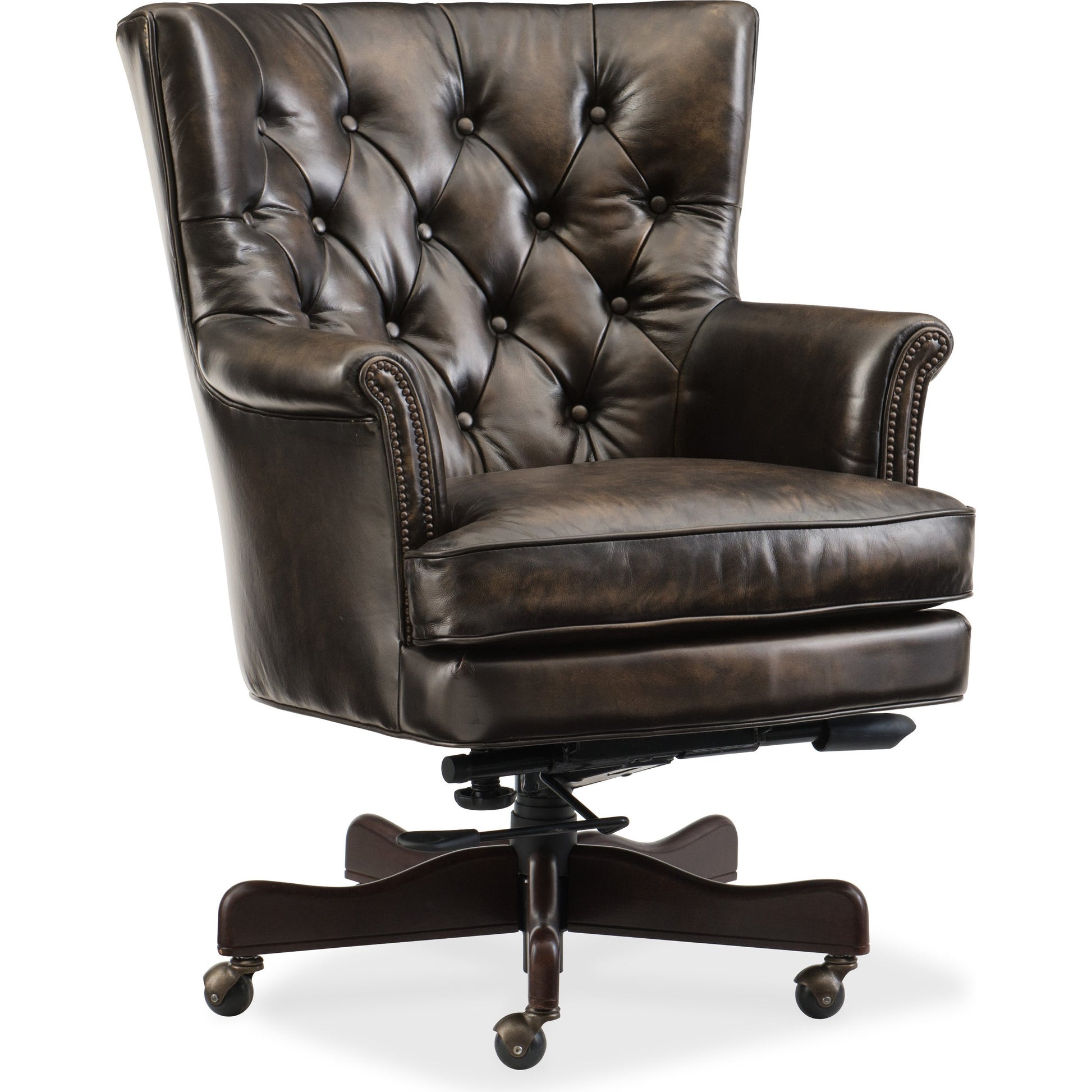 Theodore Executive Chair by Hooker Furniture in poetic license tobacco. Made from leather in a unique style.