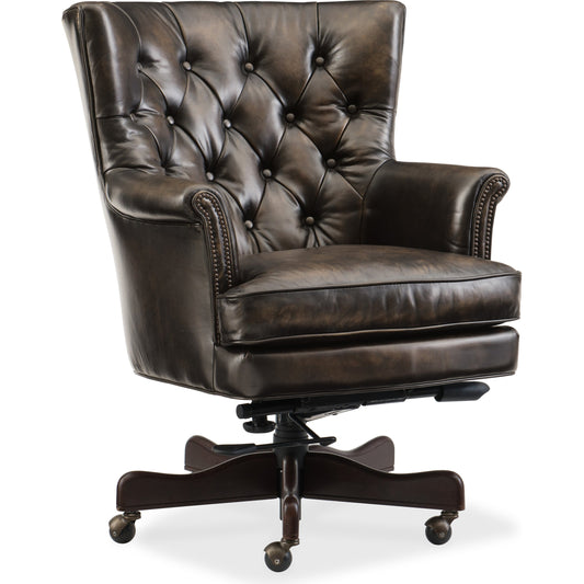 Theodore Executive Chair by Hooker Furniture in poetic license tobacco. Made from leather in a unique style.