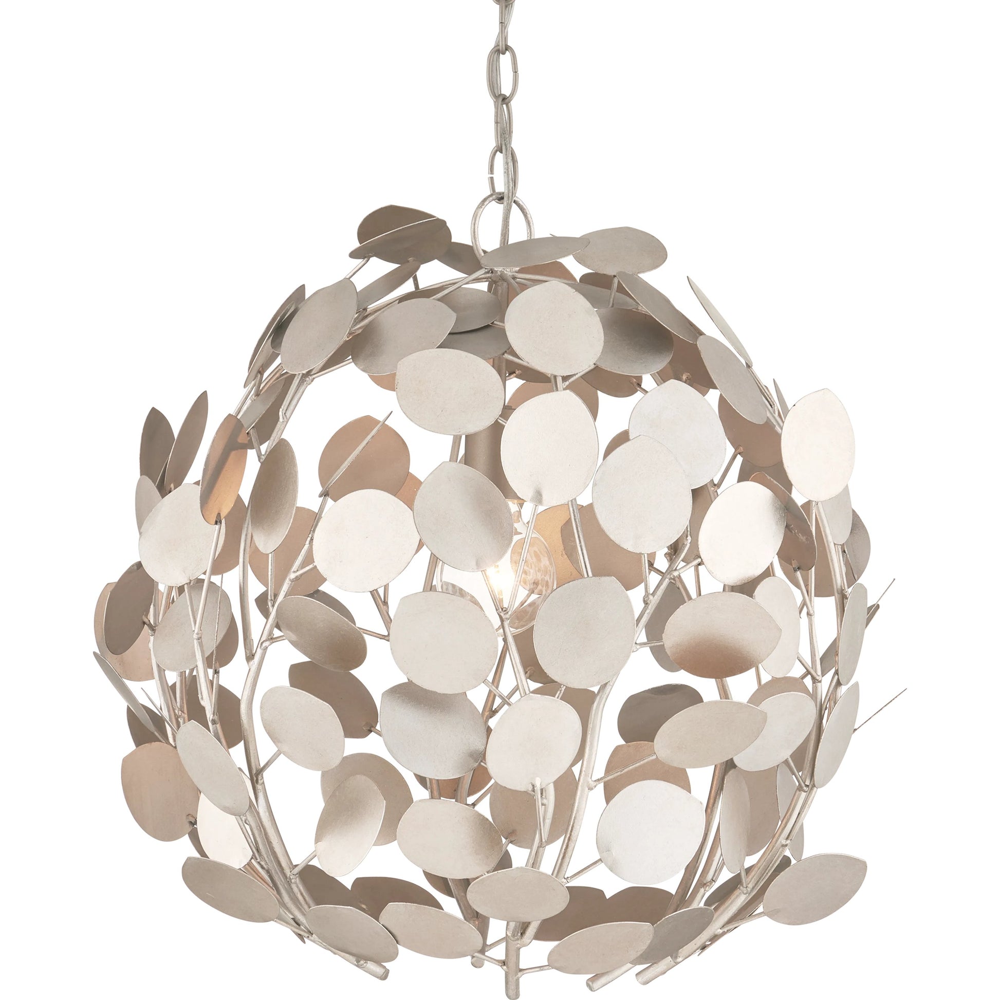 Lunaria Orb Chandelier by Currey and Company in contemporary silver leaf, contemporary silver. Made from wrought iron in a modern style.
