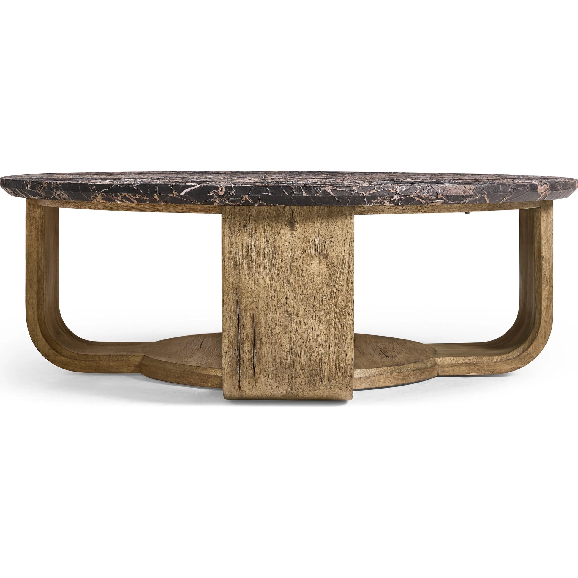 Stone Ridge Round Marble Cocktail Table by Jonathan Charles in tully light acacia. Made from acacia veneer in a modern style.