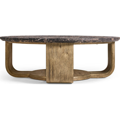 Stone Ridge Round Marble Cocktail Table by Jonathan Charles in tully light acacia. Made from acacia veneer in a modern style.