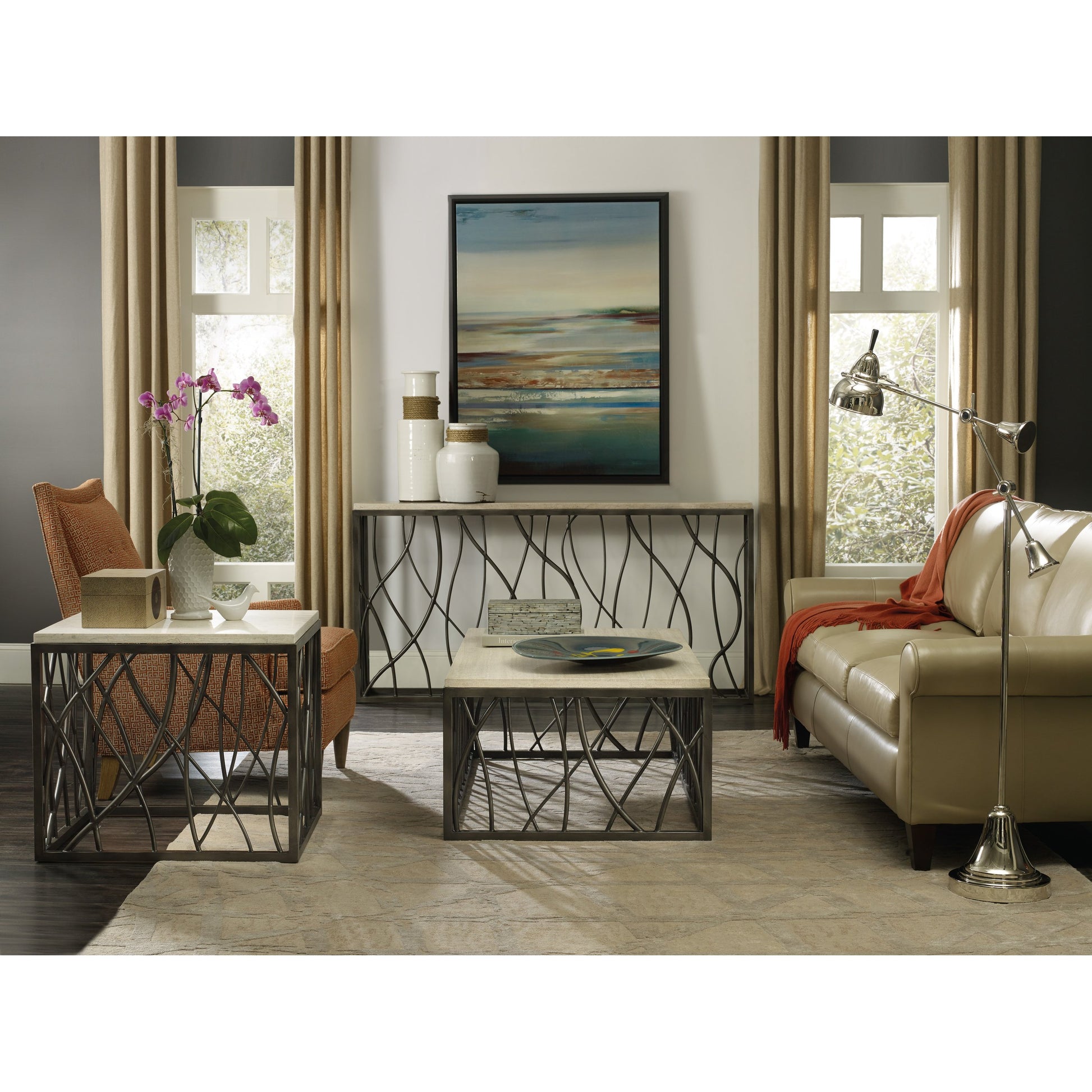 Curvy Console Table by Hooker Furniture in cream. Made from tubular, solid steel with travertine marble in a modern style.