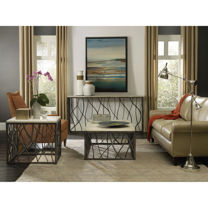 Curvy Console Table by Hooker Furniture in cream. Made from tubular, solid steel with travertine marble in a modern style.