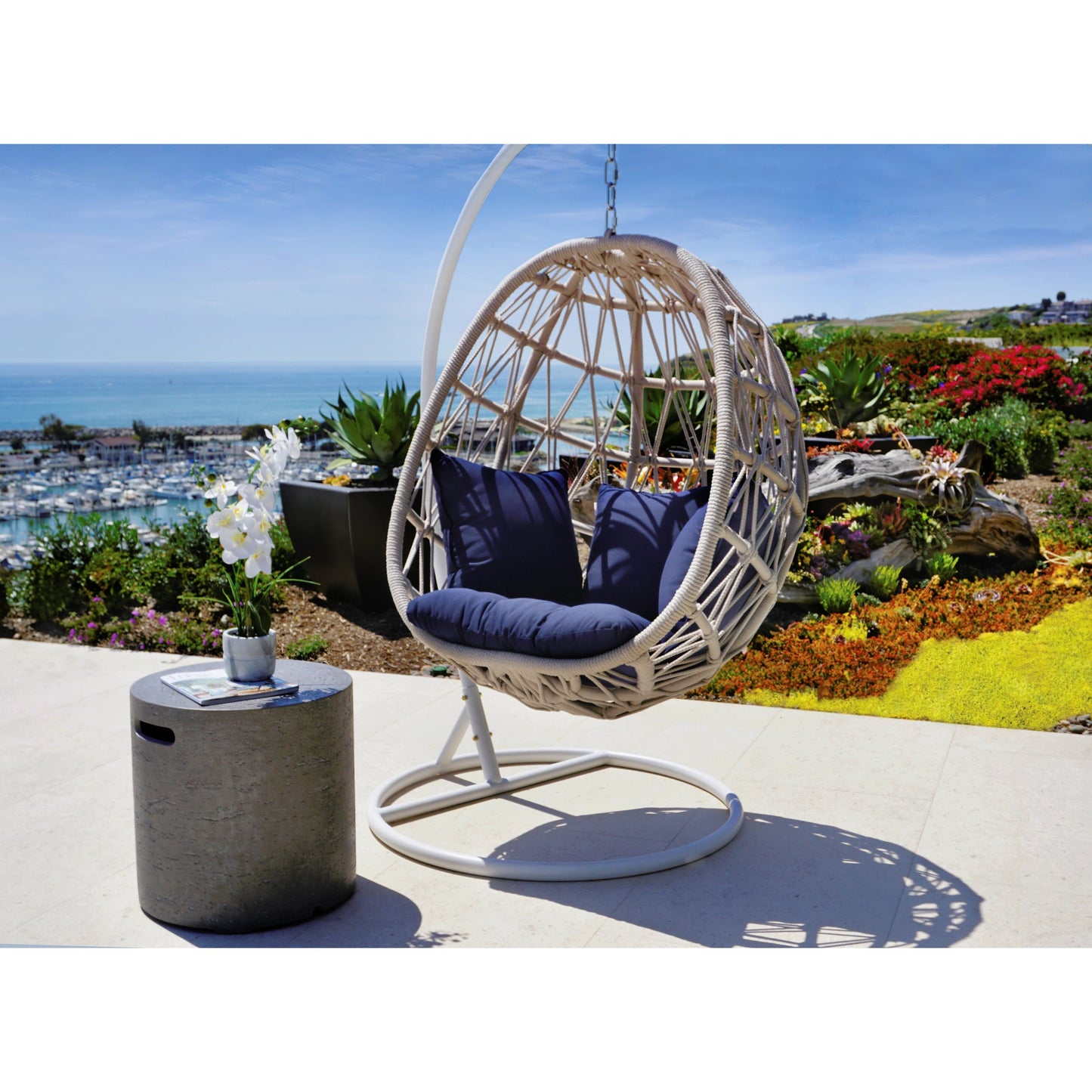 004 SI-2167049 | Lifestyle | Dana Outdoor Rope Hanging Club Chair by Sunset West in natural. Made from olefin rope in a coastal style.
