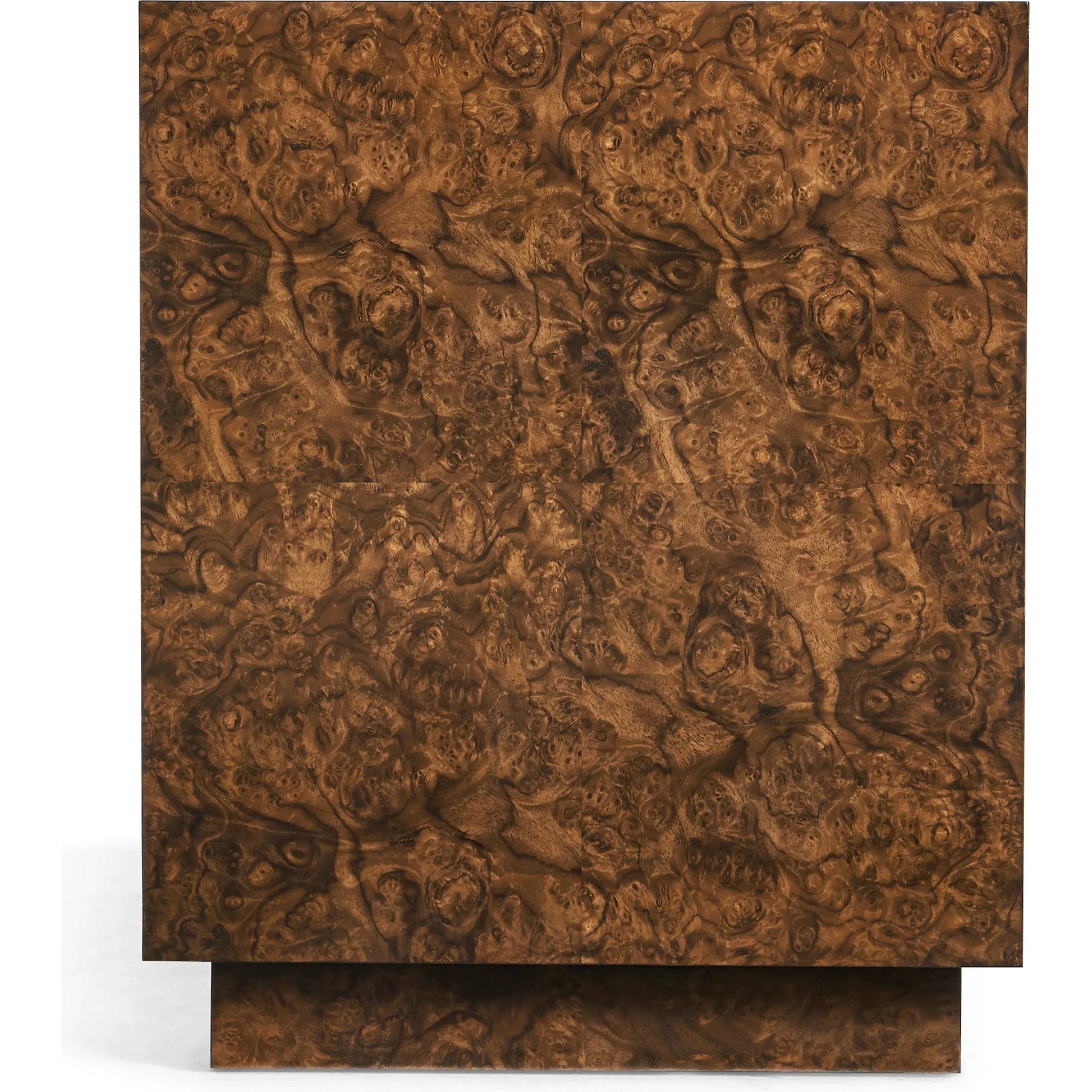 Jacques Radius End Table by Jonathan Charles in brown and walnut burl. Made from book match walnut burl veneer in a unique style.