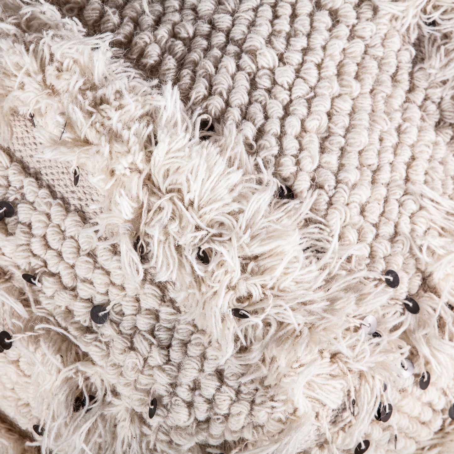 003 SI-1750315 | Closeup | Algier Ottoman by World Interiors in white. Made from wool, cotton blend fabric, ps foam, plastic in a eclectic & global style.