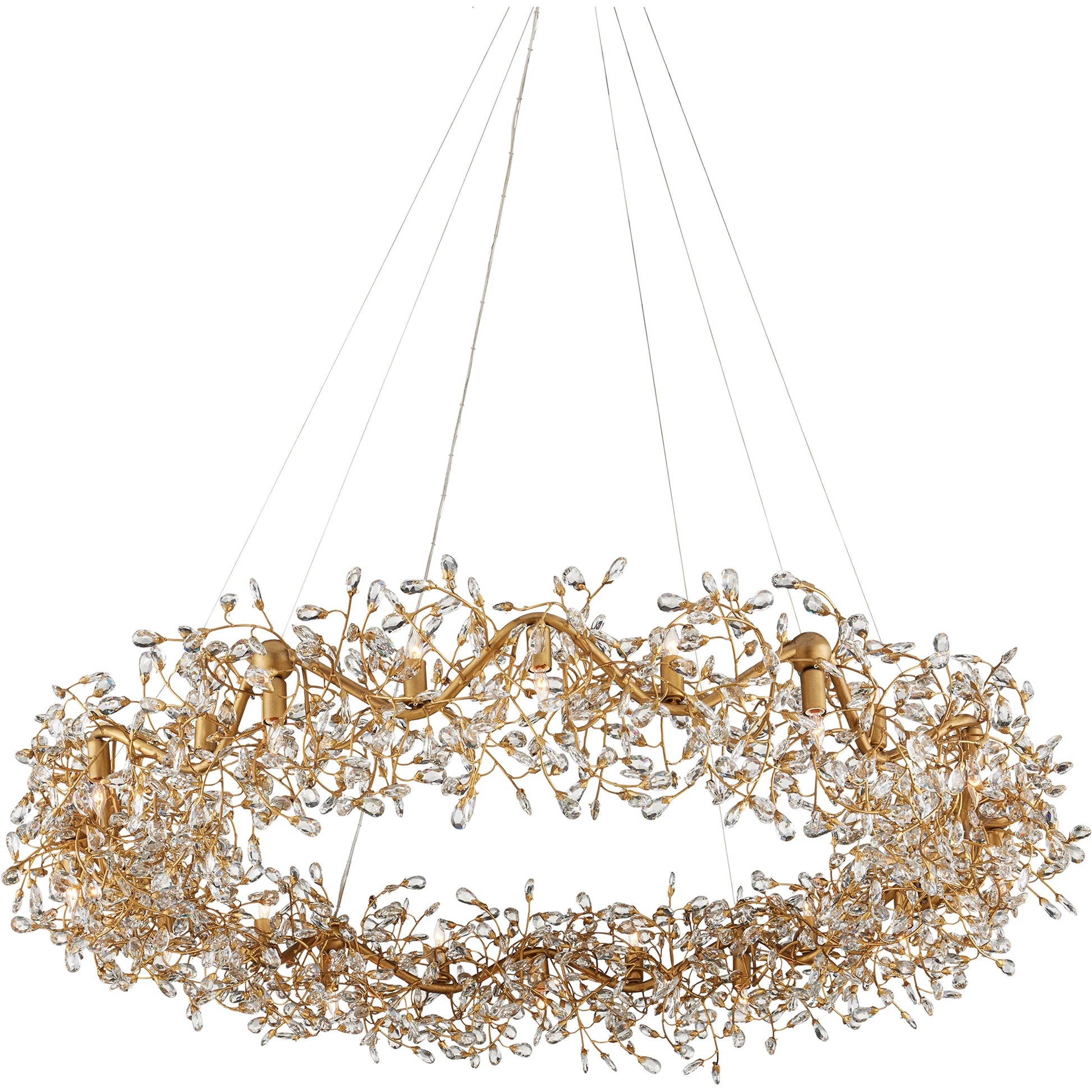 Crystal Bud Ring Chandelier by Currey and Company in clear, brass. Made from crystal, wrought iron in a modern style.