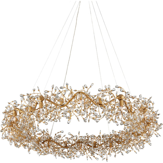 Crystal Bud Ring Chandelier by Currey and Company in clear, brass. Made from crystal, wrought iron in a modern style.