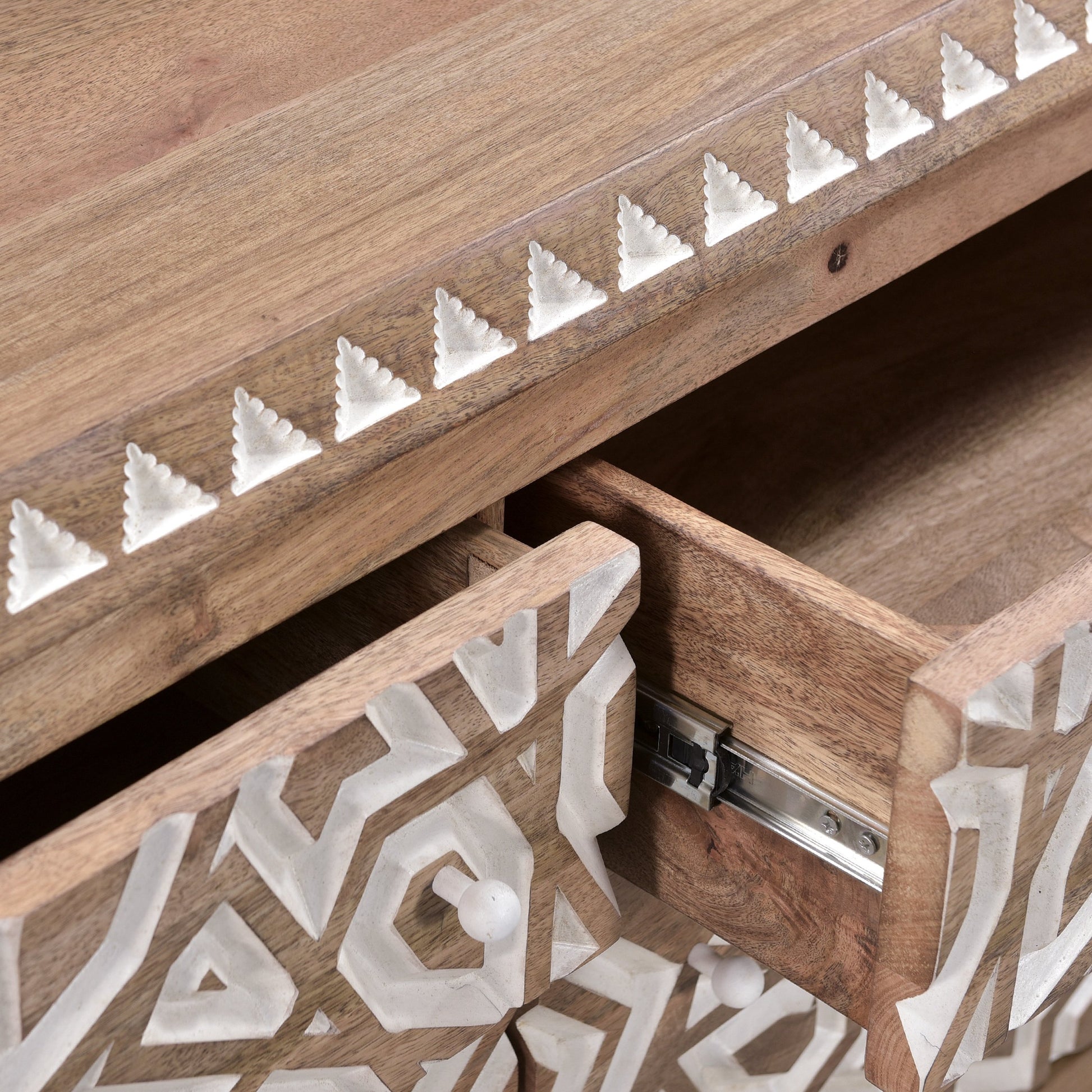 Haveli Mango Wood Geometric Carved Dresser by World Interiors in white. Made from mango wood in a eclectic & global style.