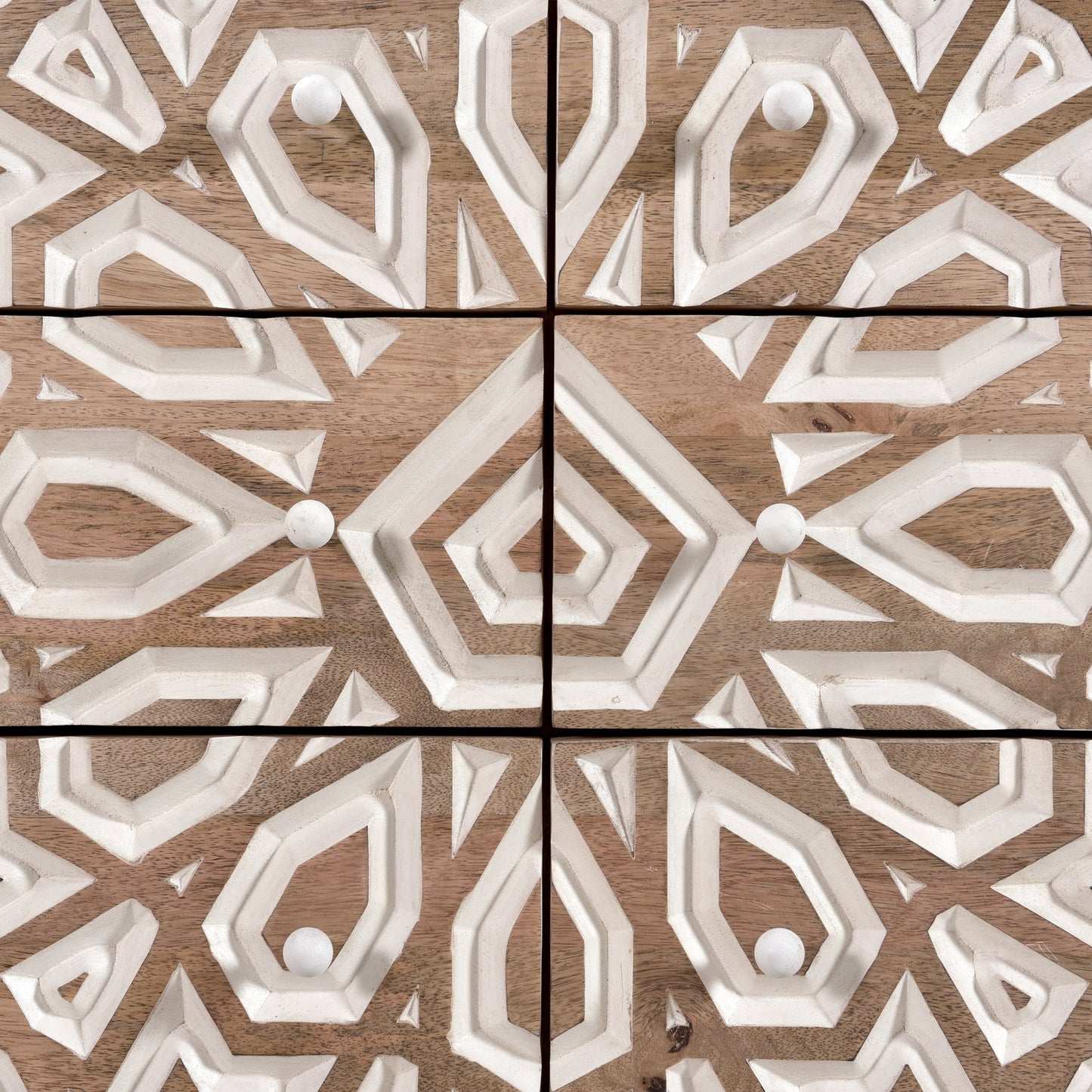 004 SI-1750349 | Closeup | Haveli Mango Wood Geometric Carved Dresser by World Interiors in white. Made from mango wood in a eclectic & global style.
