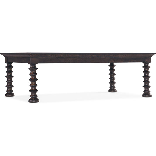 Big Sky Turned Leg Cocktail Table by Hooker Furniture in charred timber. Made from pecky hickory veneers, solid-wood edged top in a traditional style.