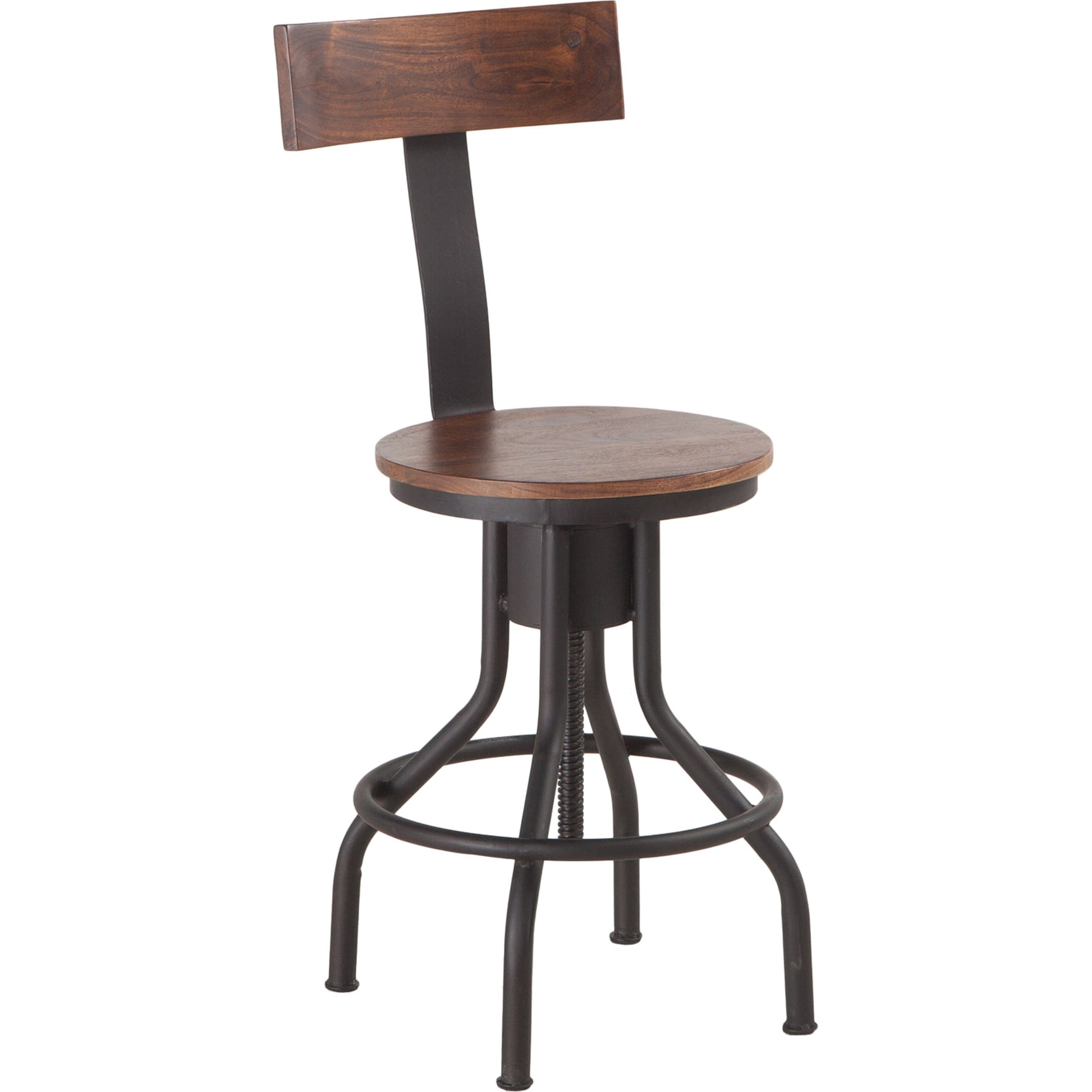 Artezia Adjustable Bar Stools by World Interiors in brown and walnut, antique zinc. Made from acacia wood, iron in a modern style.