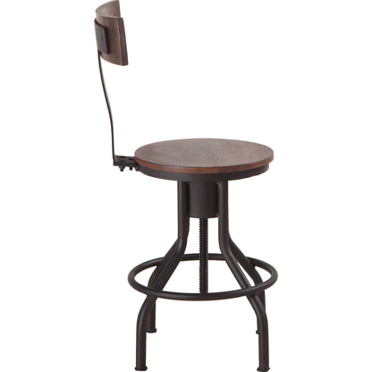 Artezia Adjustable Bar Stools by World Interiors in brown and walnut, antique zinc. Made from acacia wood, iron in a modern style.