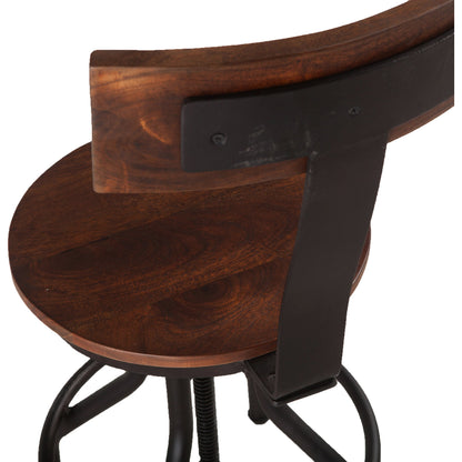 Artezia Adjustable Bar Stools by World Interiors in brown and walnut, antique zinc. Made from acacia wood, iron in a modern style.