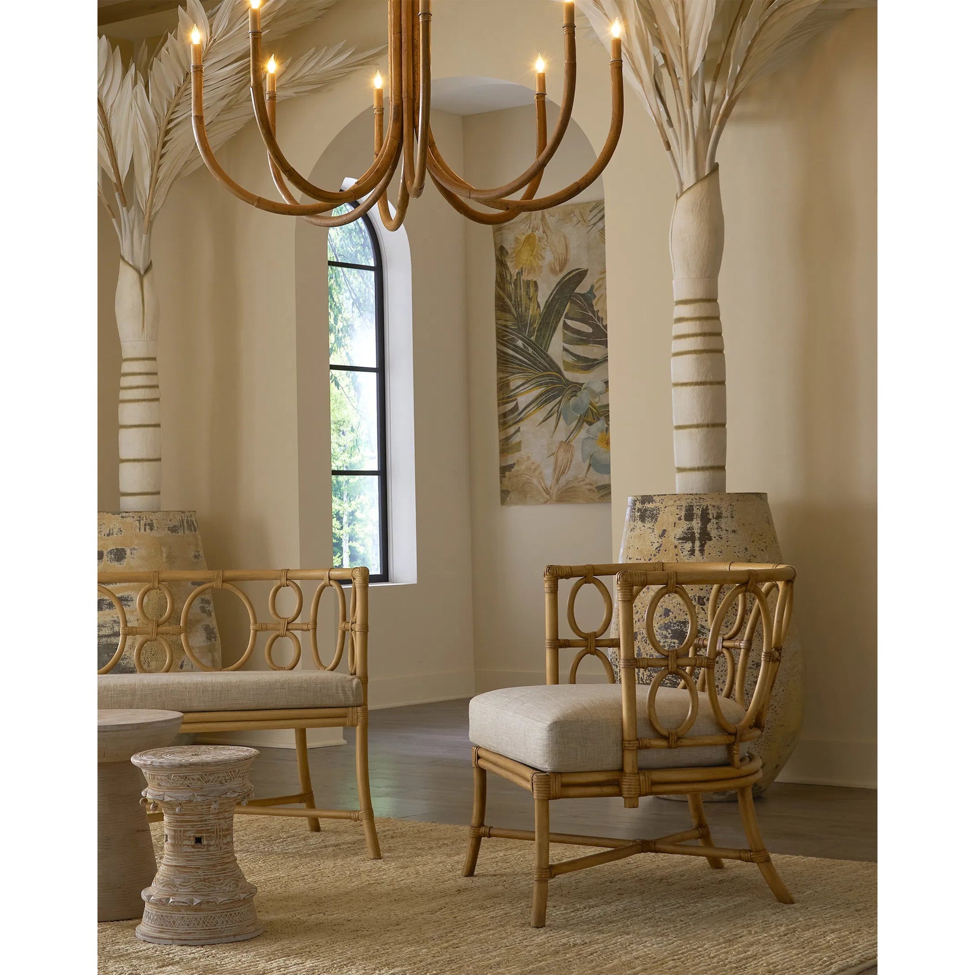 Tegal Muslin Chair by Currey and Company in rattan, natural. Made from rattan, wood, leather, finn natural in a coastal style.