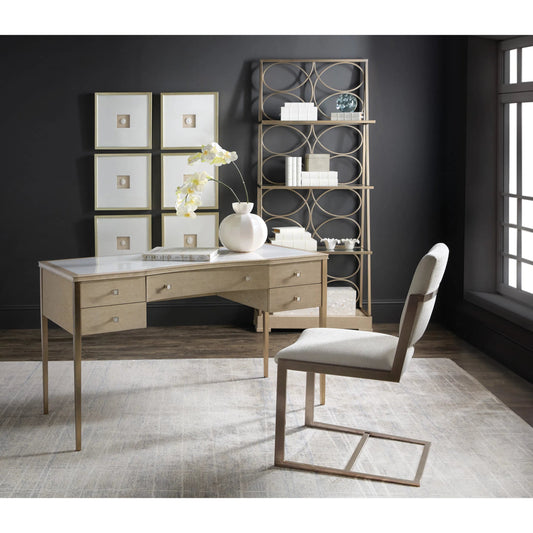 Melange Flourish Dressing Table by Hooker Furniture in light wood and polished limestone. Made from marble, metal, oak veneers in a unique style.