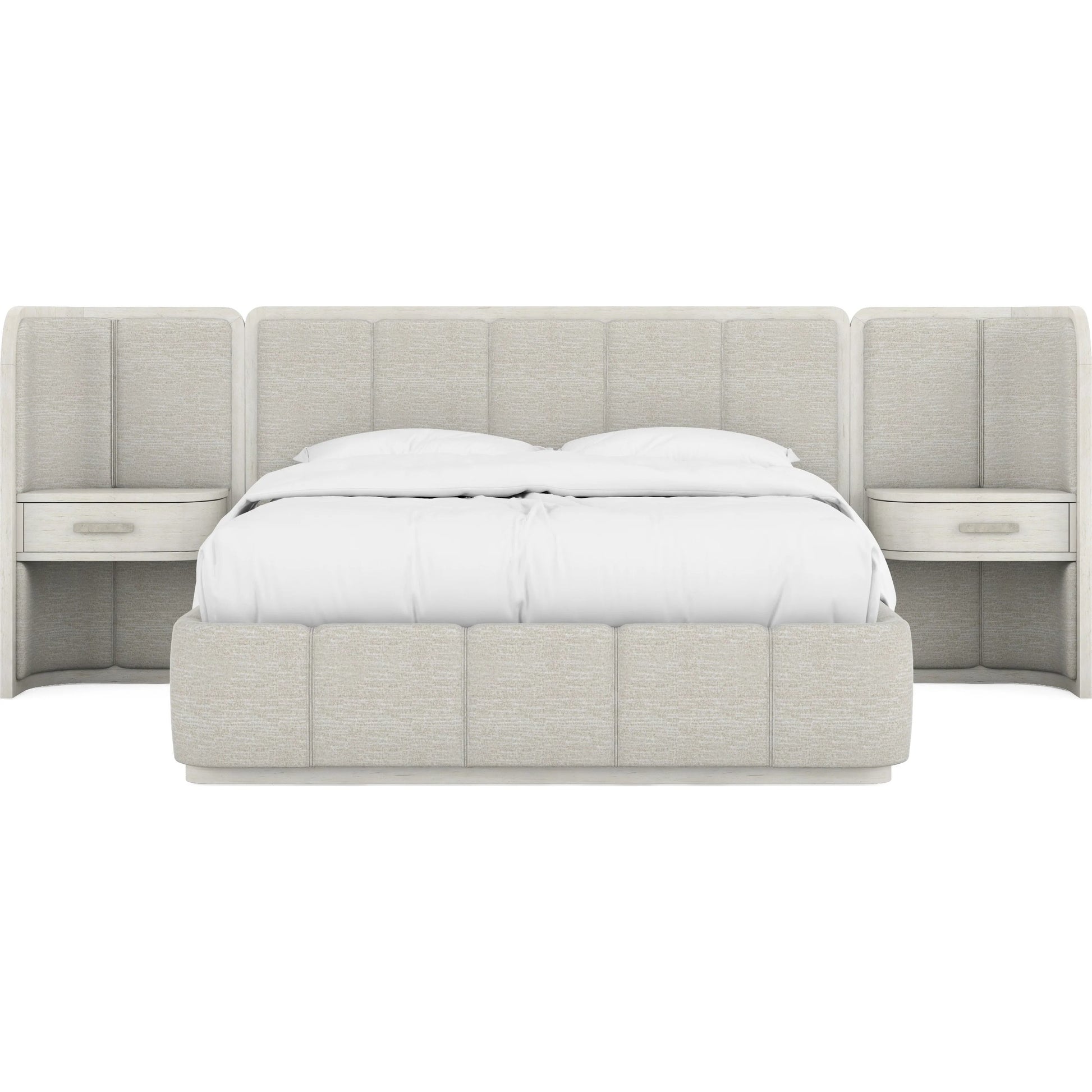 Ashlar Upholstered Wall Panel Bed by A.R.T. Furniture in bisque, ecru, sanded bronze. Made from parawood solids, birch veneers, foam, fabric, metal in a transitional style.