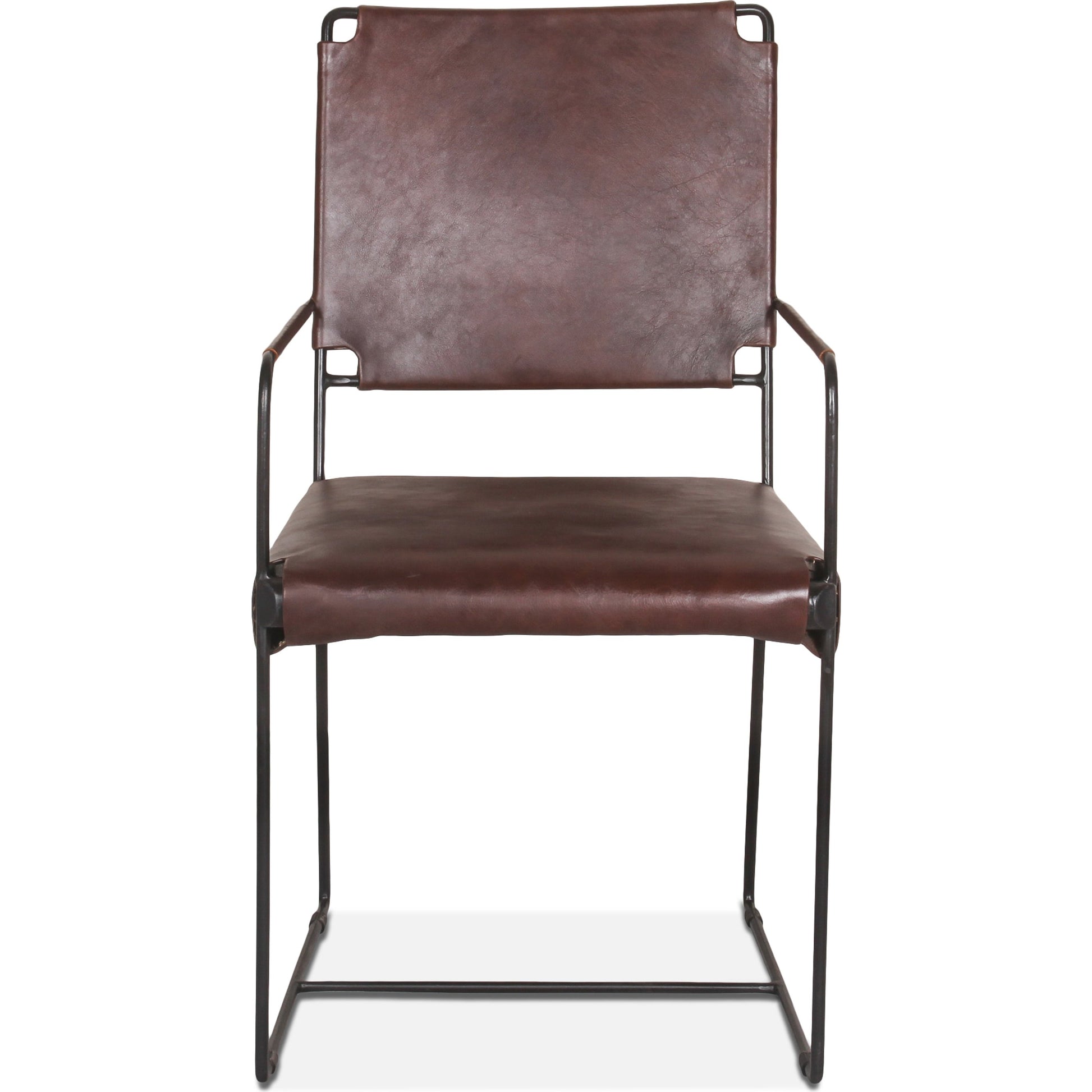 Melbourne Dining Armchair by World Interiors in dark brown and black. Made from reclaimed iron, leather in a modern style.
