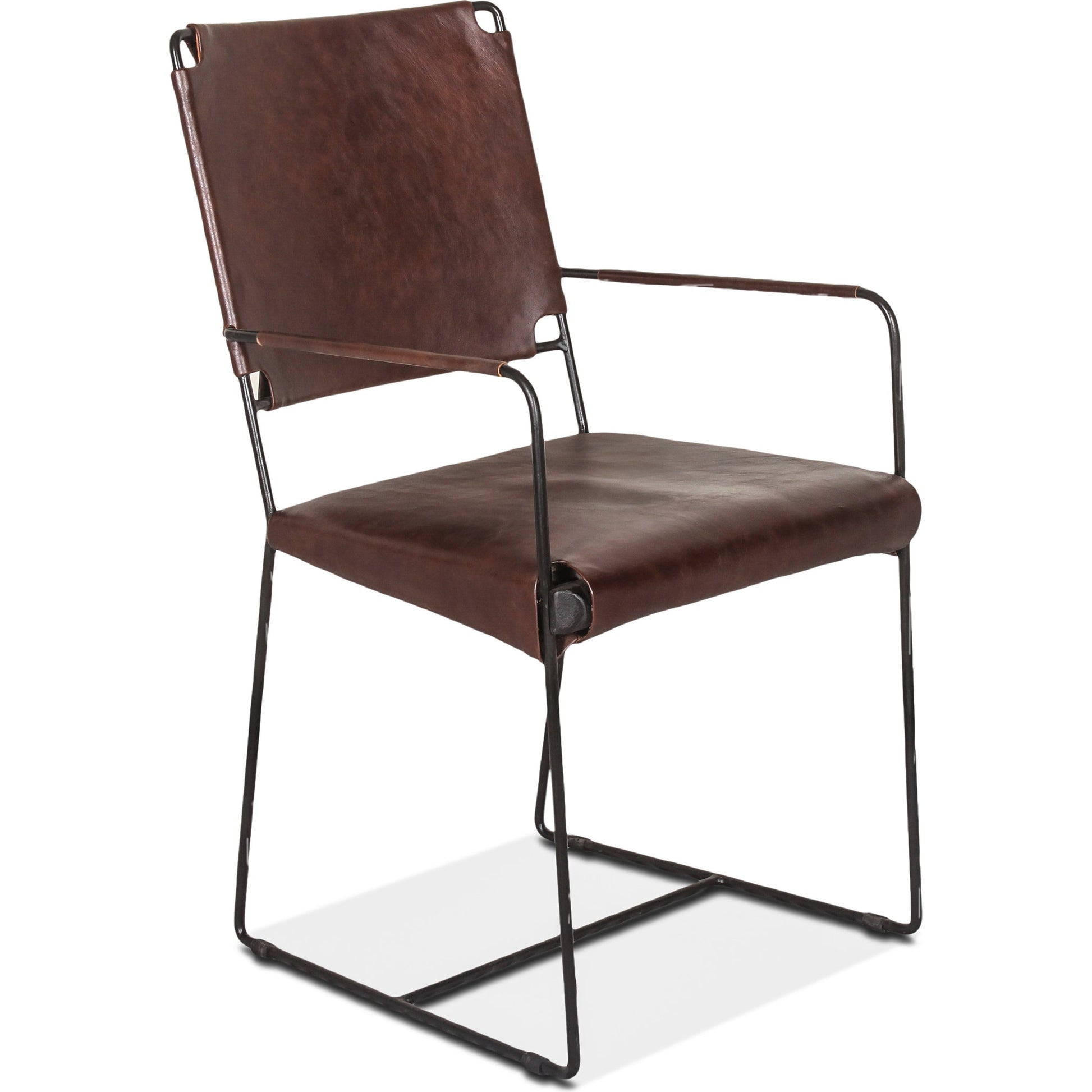 Melbourne Dining Armchair by World Interiors in dark brown and black. Made from reclaimed iron, leather in a modern style.