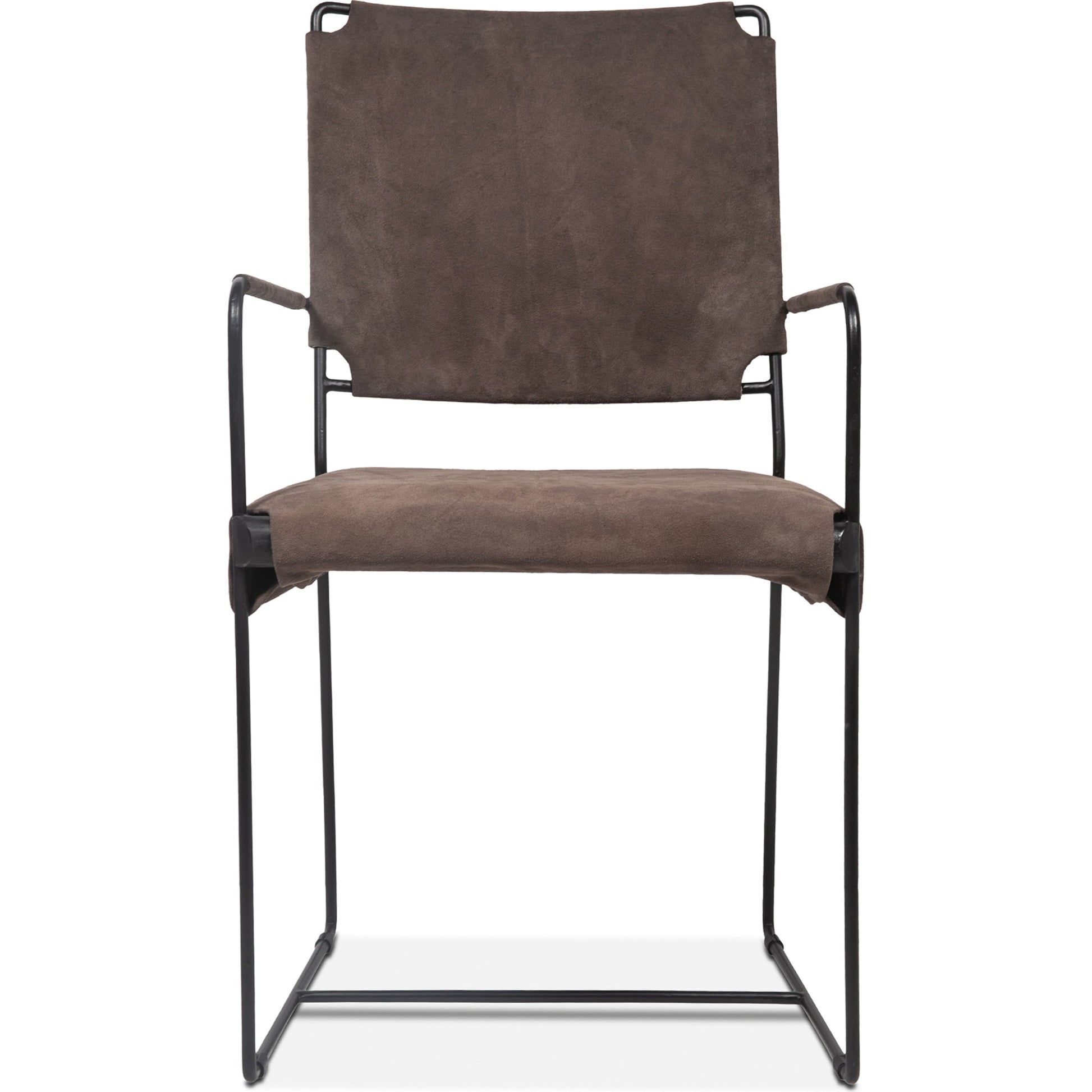 Melbourne Dining Armchair by World Interiors in dark brown and black. Made from reclaimed iron, leather in a modern style.