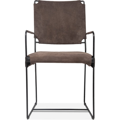 Melbourne Dining Armchair by World Interiors in dark brown and black. Made from reclaimed iron, leather in a modern style.