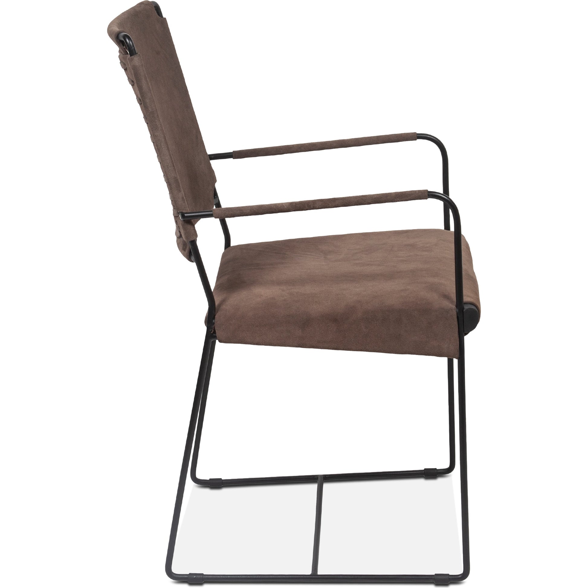 Melbourne Dining Armchair by World Interiors in dark brown and black. Made from reclaimed iron, leather in a modern style.