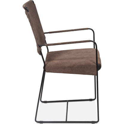 Melbourne Dining Armchair by World Interiors in dark brown and black. Made from reclaimed iron, leather in a modern style.