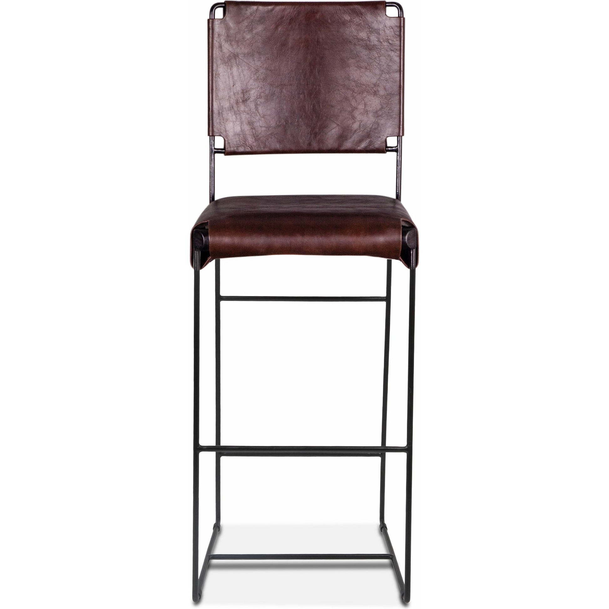 Melbourne Bar + Counter Chair by World Interiors in dark brown and black. Made from reclaimed iron, leather in a modern style.