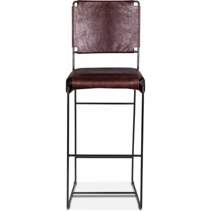 Melbourne Bar + Counter Chair by World Interiors in dark brown and black. Made from reclaimed iron, leather in a modern style.