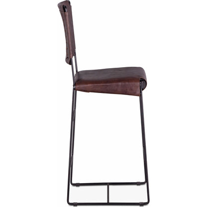 Melbourne Bar + Counter Chair by World Interiors in dark brown and black. Made from reclaimed iron, leather in a modern style.