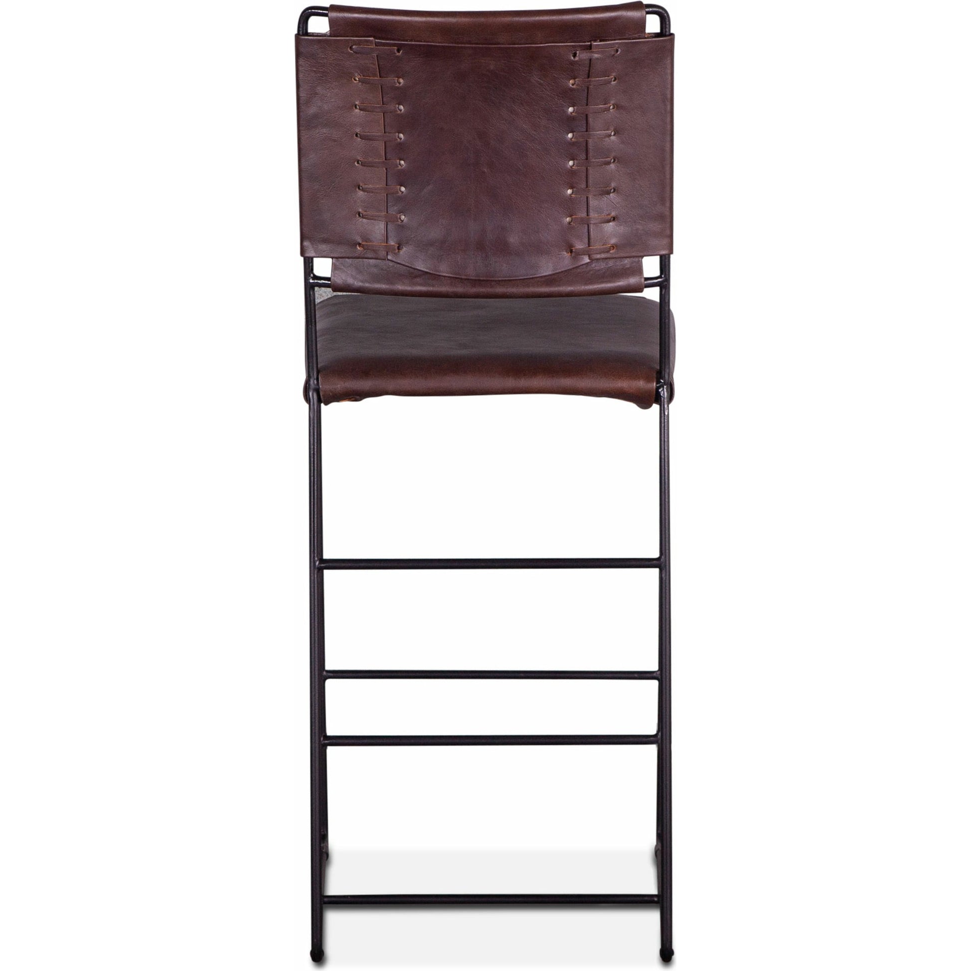 Melbourne Bar + Counter Chair by World Interiors in dark brown and black. Made from reclaimed iron, leather in a modern style.