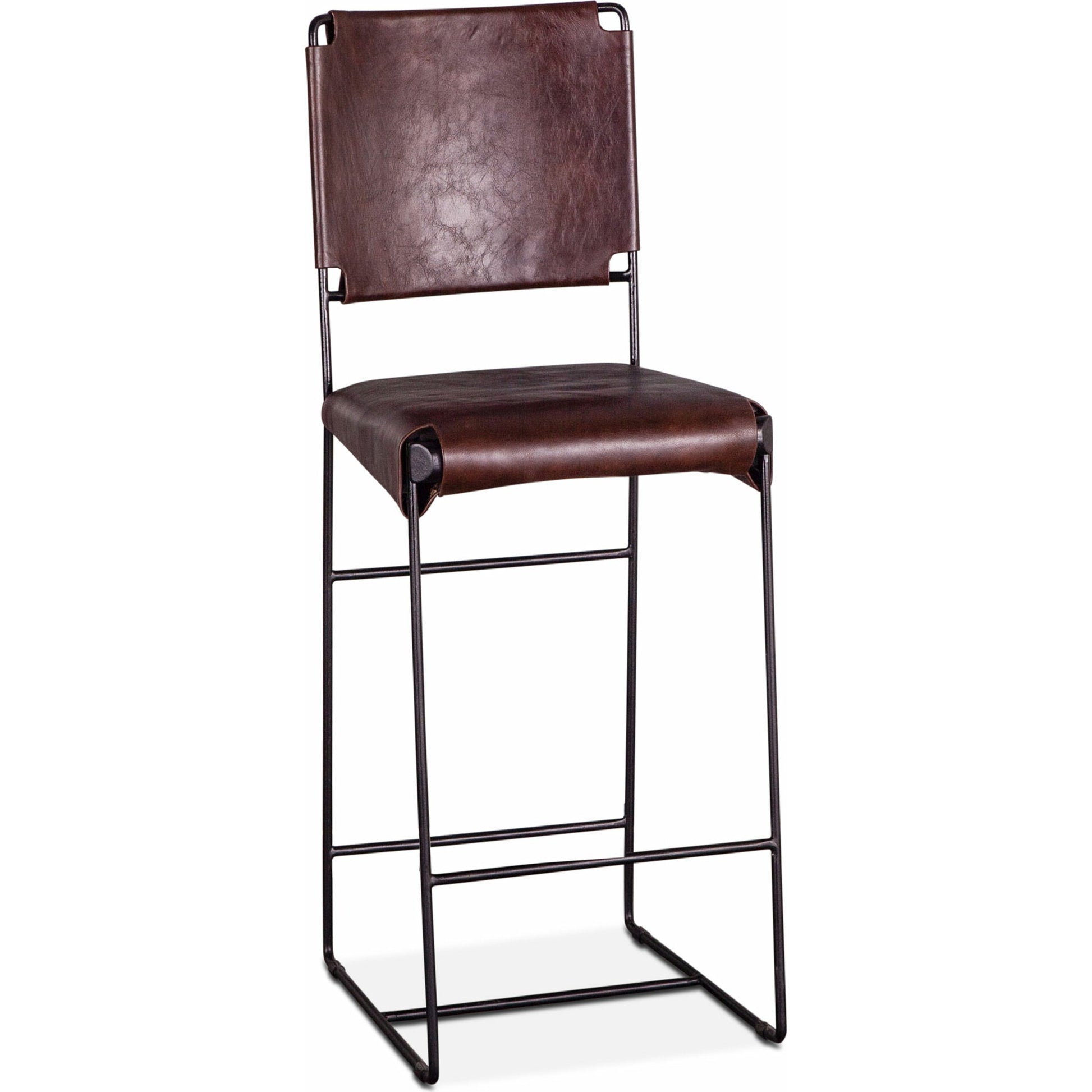 Melbourne Bar + Counter Chair by World Interiors in dark brown and black. Made from reclaimed iron, leather in a modern style.