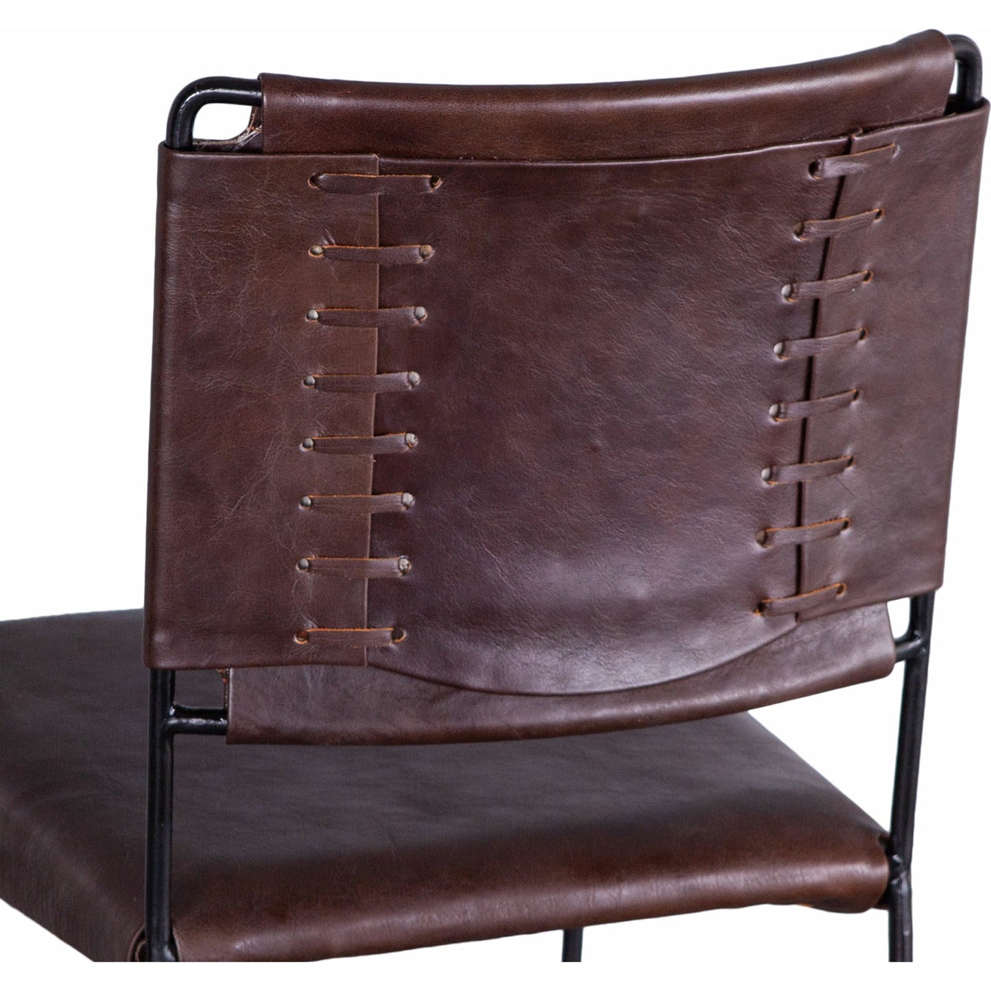 009 SI-1750368 | Closeup | Melbourne Bar + Counter Chair by World Interiors in dark brown and black. Made from reclaimed iron, leather in a modern style.